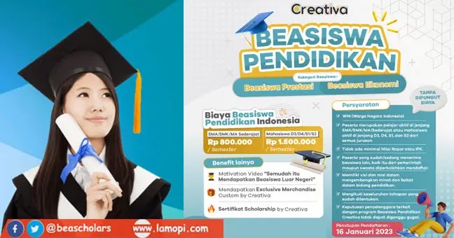 Pendaftaran Beasiswa Pendidikan Creativa 2023 Untuk SMA/SMK/MA dan D3