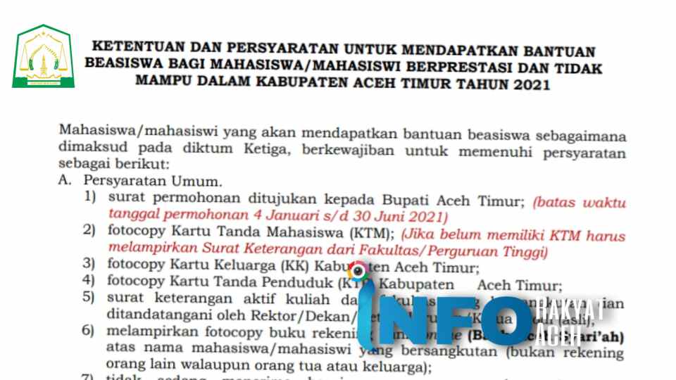 Beasiswa Aceh Timur 2021 Untuk D3, S1 ,S2, S3 Dalam dan Luar Negeri